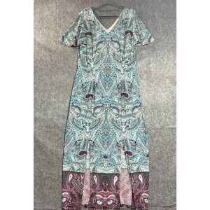 London Style Dress Womens Large Blue Paisley Boho V Neck Maxi Flutter Sleeve